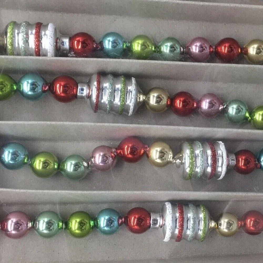 x2 Radko Shiny Brite Glass Christmas Tree Garland Figural Red Pink Aqua 7/14ft